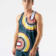 Race Pace Tank - Men by Rabbit in teal with multicolor circular pattern, breathable semi-relaxed tank with laser-cut ventilation for running.