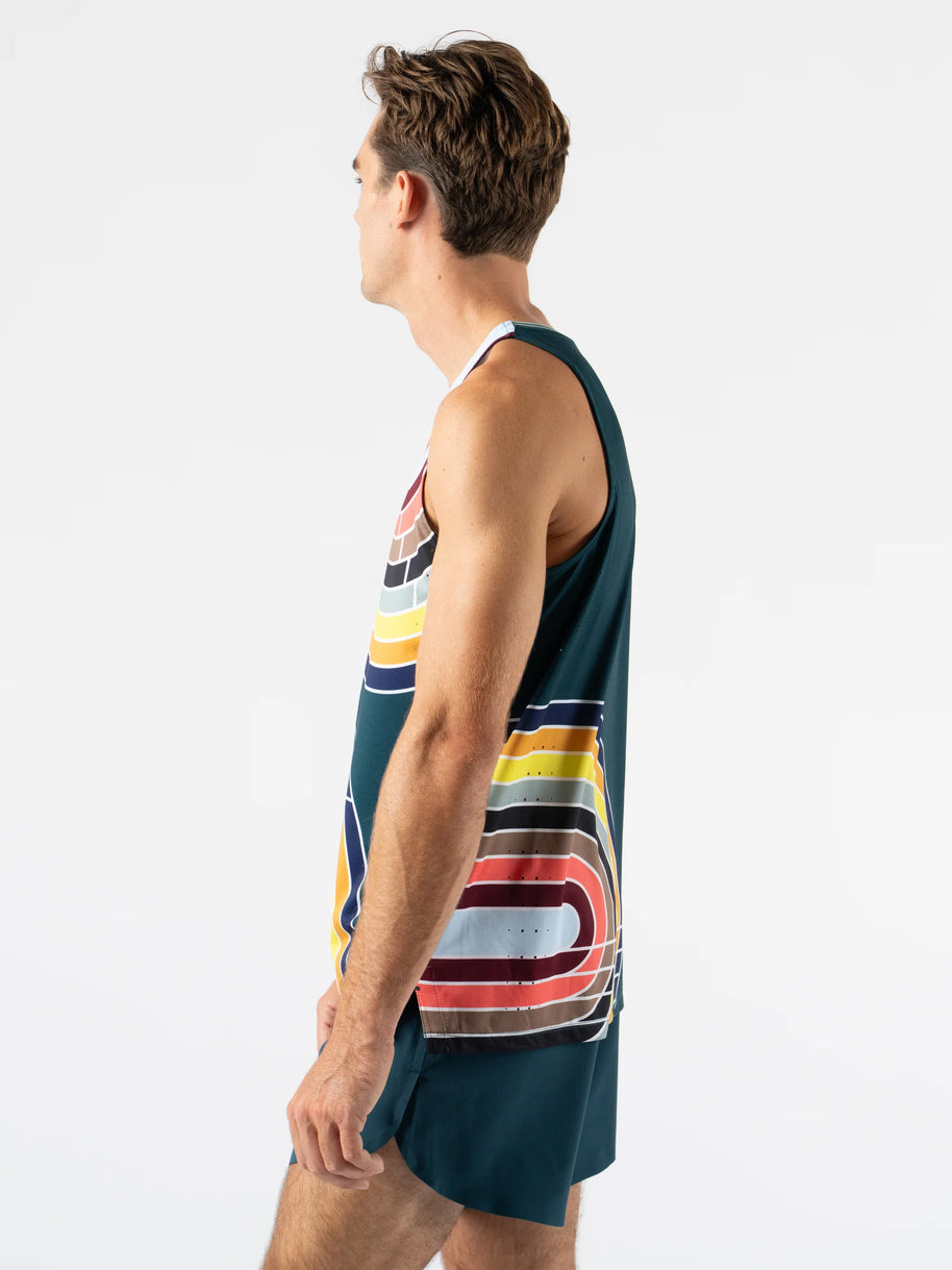 Race Pace Tank - Men by Rabbit in dark teal with colorful graphic, breathable semi-relaxed running tank with laser-cut perfs for airflow and comfort