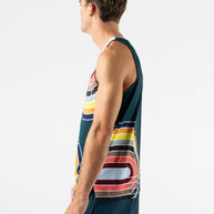 Race Pace Tank - Men by Rabbit in dark teal with colorful graphic, breathable semi-relaxed running tank with laser-cut perfs for airflow and comfort