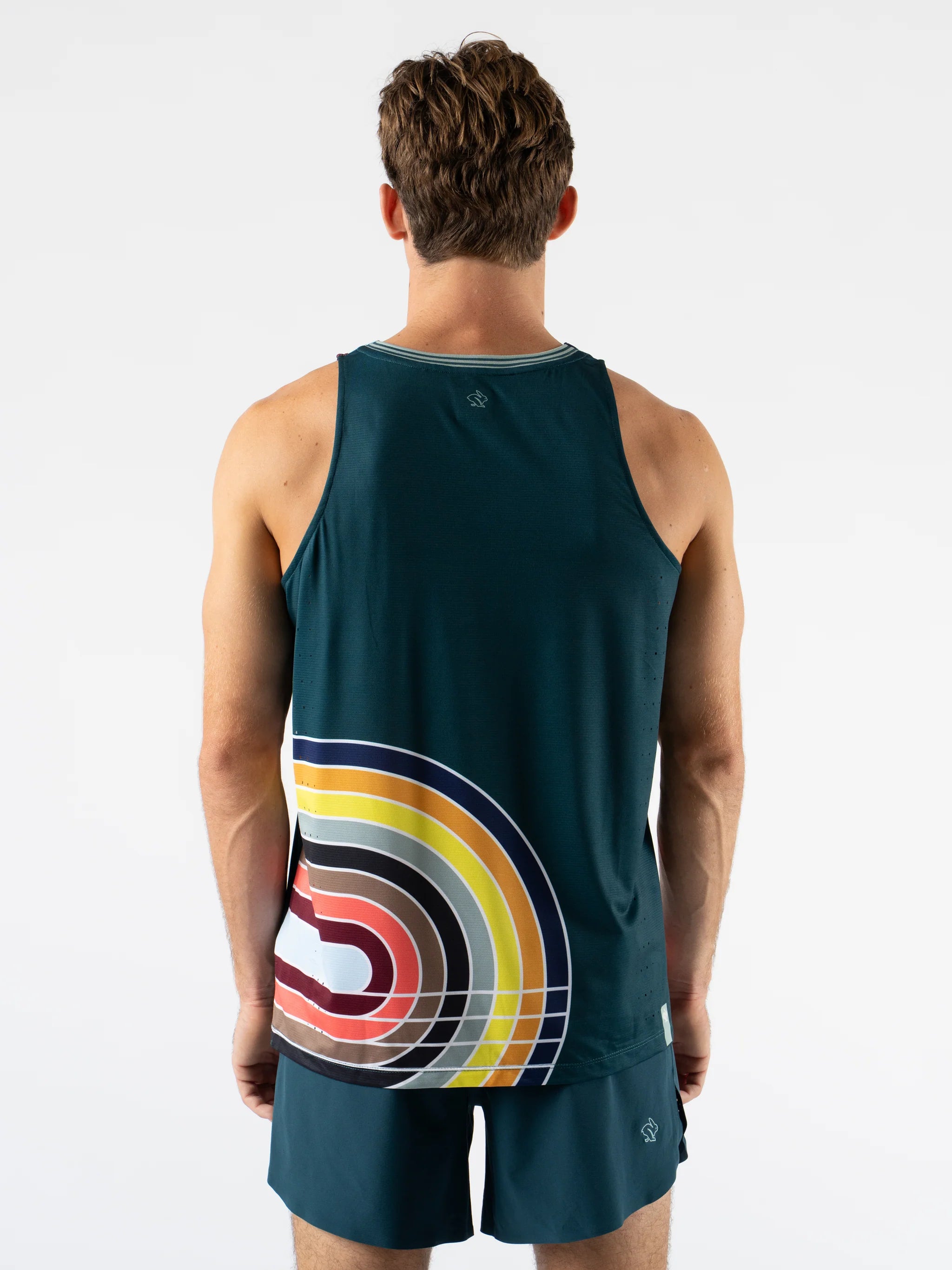 Race Pace Tank - Men by Rabbit in dark teal with multicolor graphic, breathable tank with laser-cut perfs and microtextured inside for running and training.