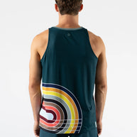 Race Pace Tank - Men by Rabbit in dark teal with multicolor graphic, breathable tank with laser-cut perfs and microtextured inside for running and training.