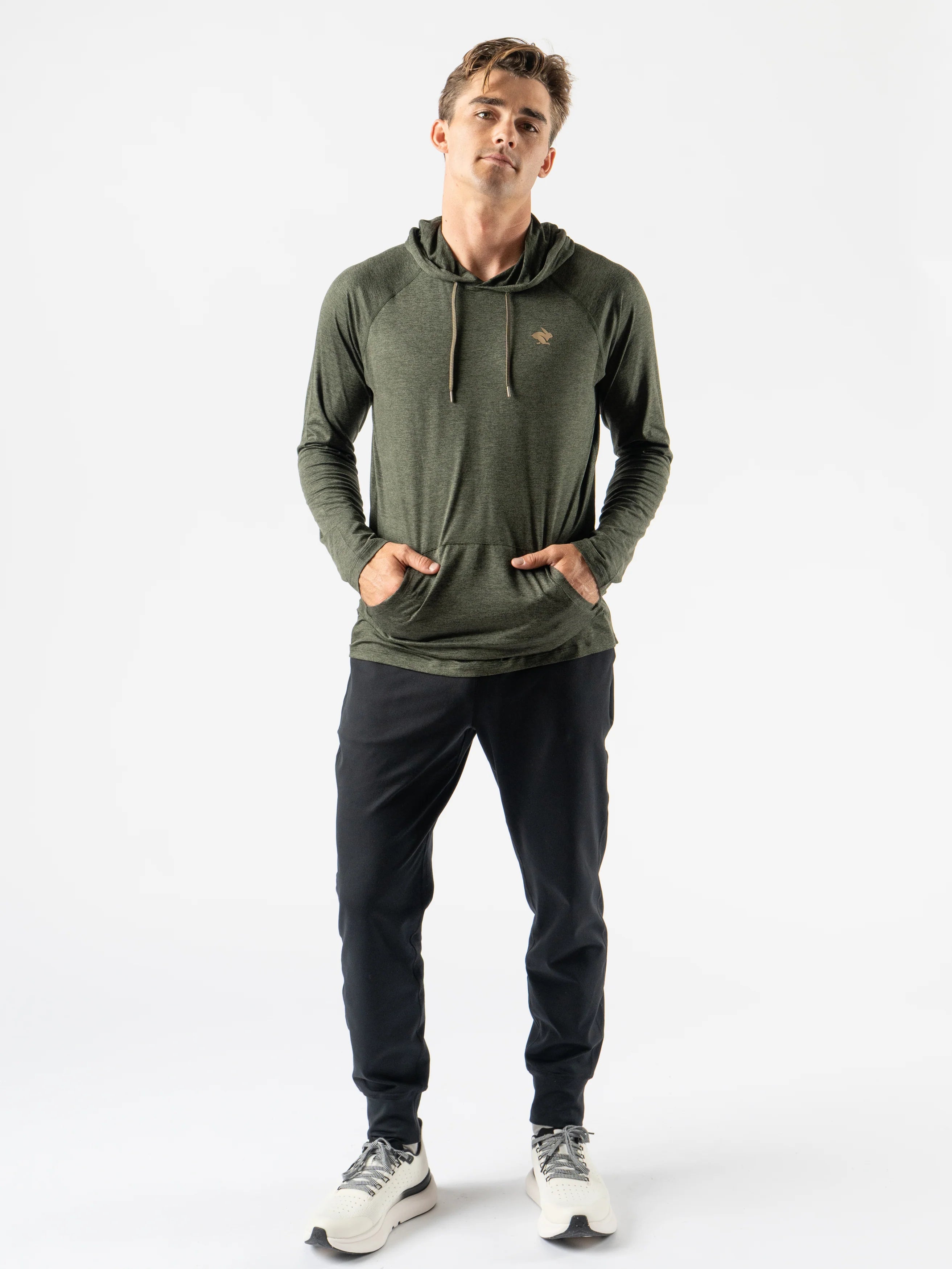 EZ Pullover - Men by Rabbit in olive green lightweight hoodie with semi-relaxed fit for running, working out, and lounging