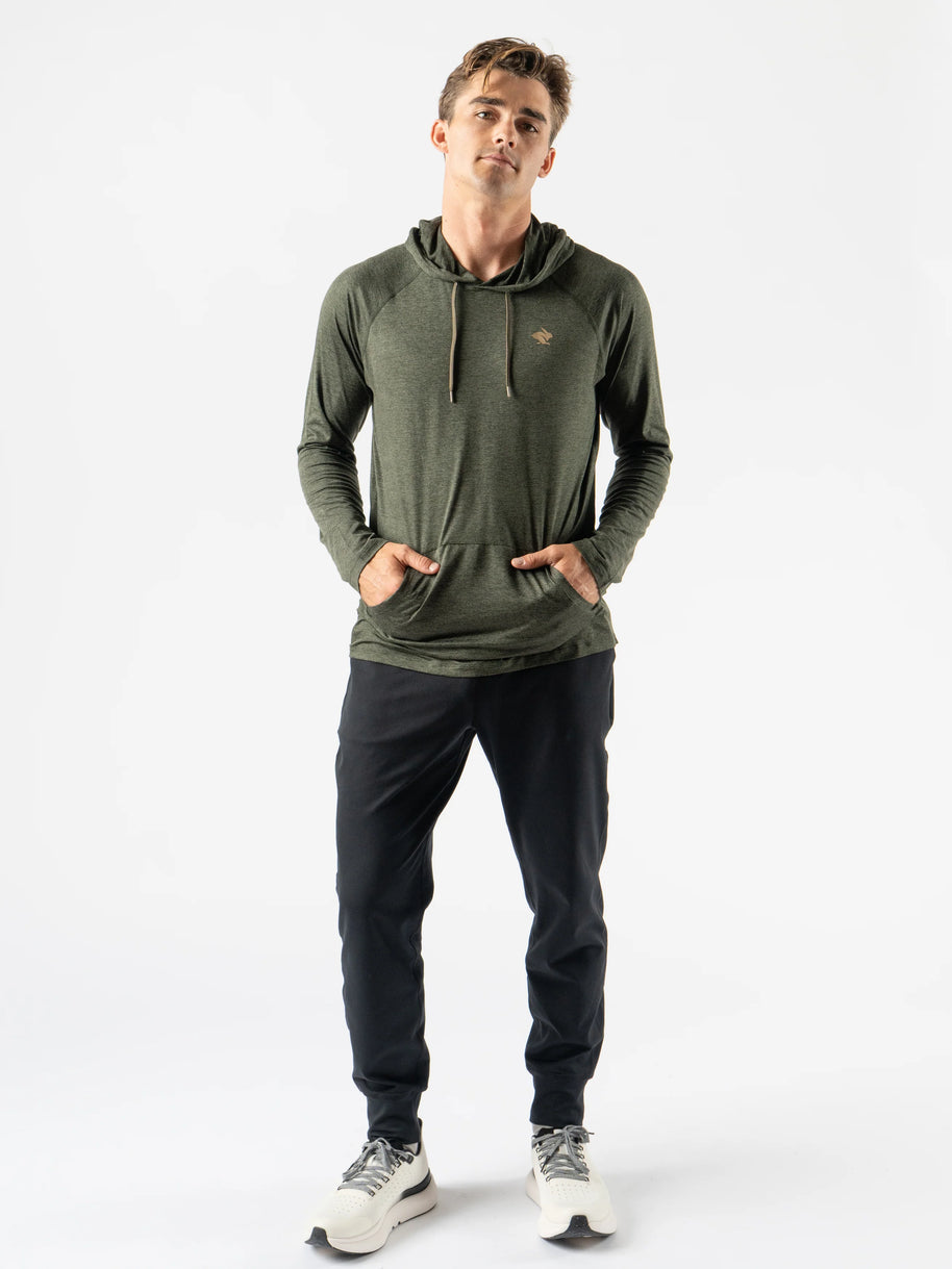 EZ Pullover - Men by Rabbit in olive green lightweight hoodie with semi-relaxed fit for running, working out, and lounging
