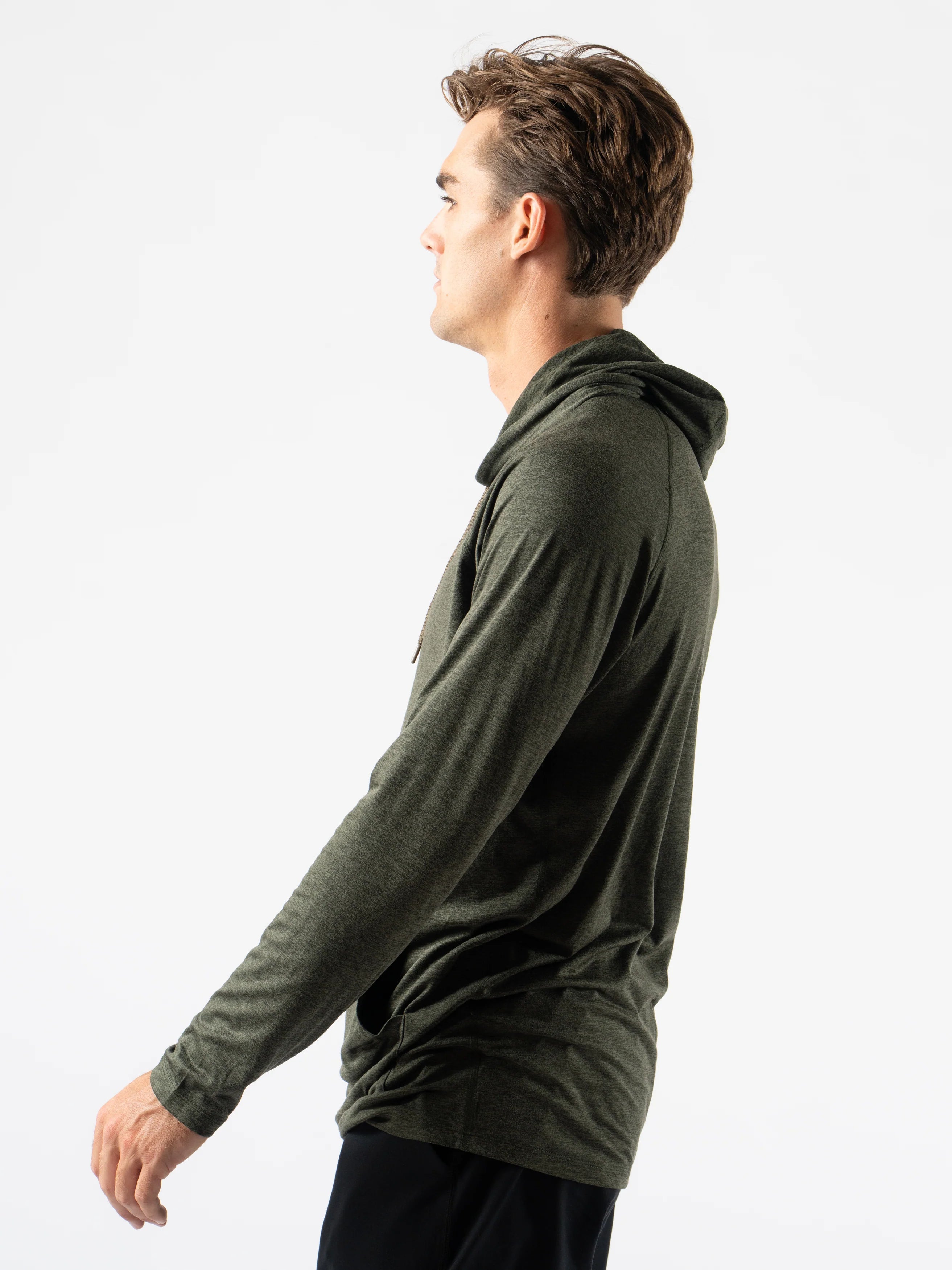 EZ Pullover - Men by Rabbit in dark olive green lightweight hoodie with soft fabric and semi-relaxed fit for running and layering