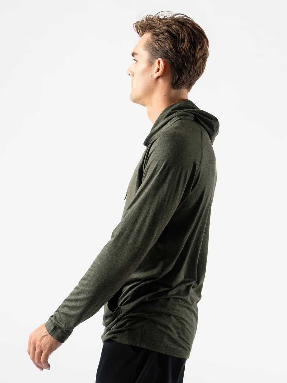 EZ Pullover - Men by Rabbit in dark olive green lightweight hoodie with soft fabric and semi-relaxed fit for running and layering