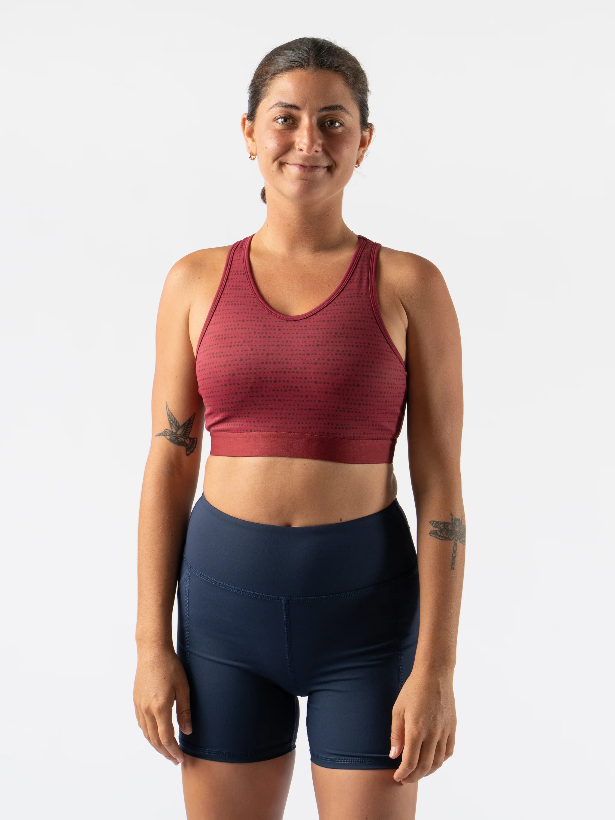 Utili Bra-Vo by Rabbit in deep red, multifunctional sports bra with bounce control and laser-cut pocket for running and active women