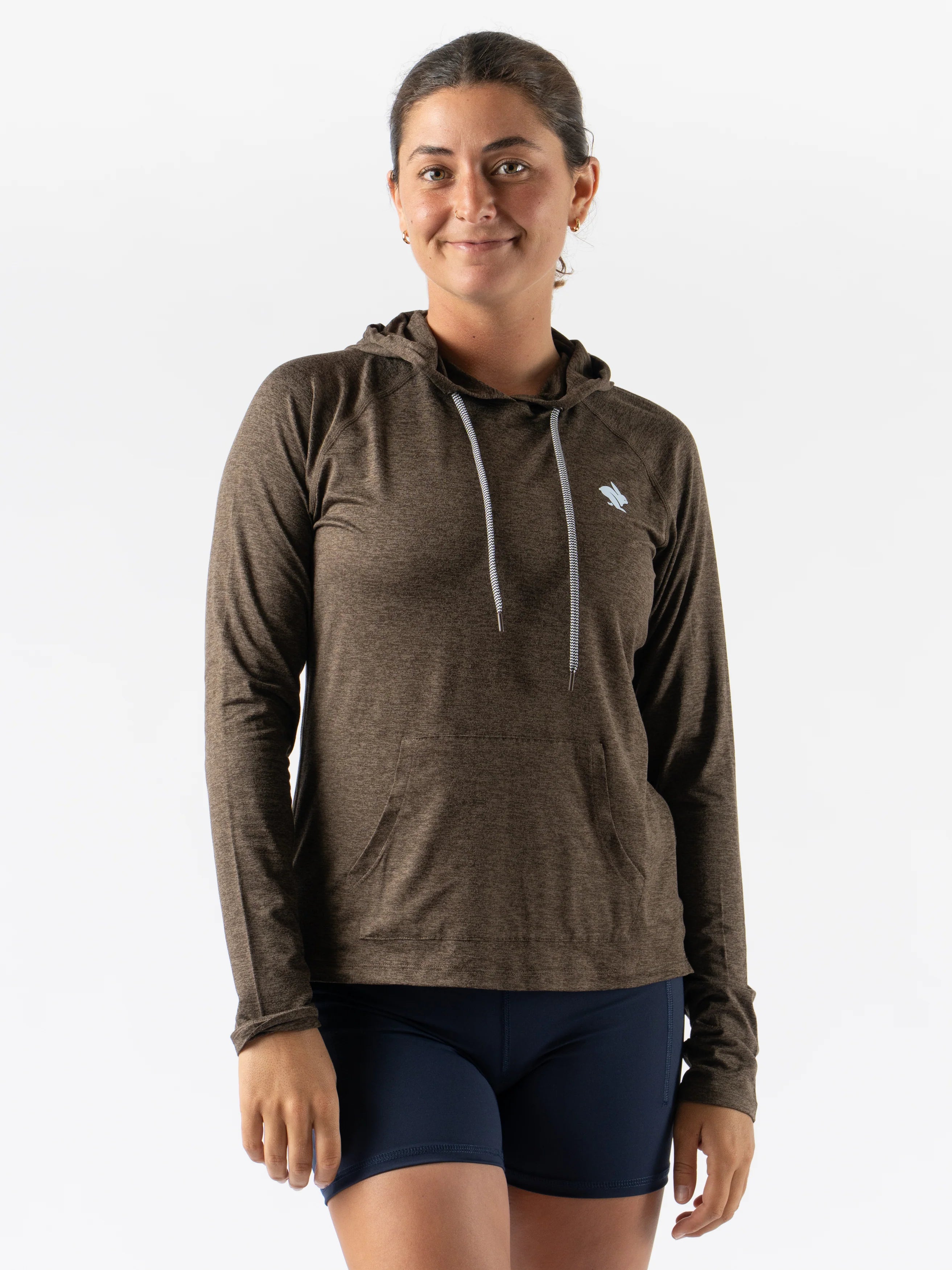 EZ Pullover - Women by Rabbit in dark brown lightweight hoodie with soft fabric, semi-relaxed fit for running, workout, and lounging
