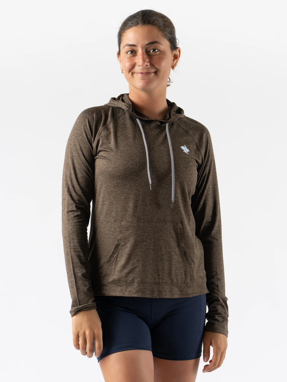 EZ Pullover - Women by Rabbit in dark brown lightweight hoodie with soft fabric, semi-relaxed fit for running, workout, and lounging