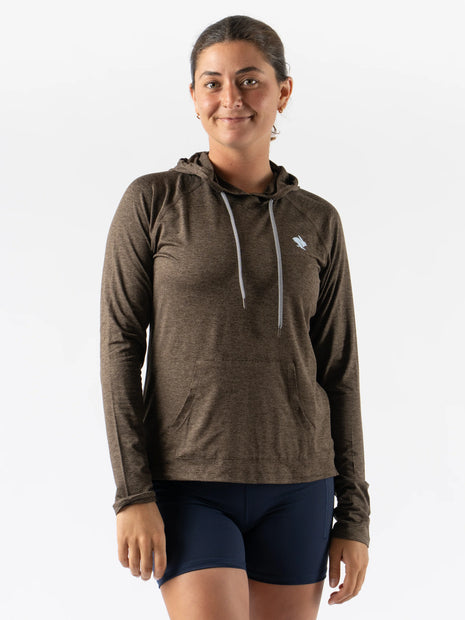 EZ Pullover - Women by Rabbit in dark brown lightweight hoodie with soft fabric, semi-relaxed fit for running, workout, and lounging
