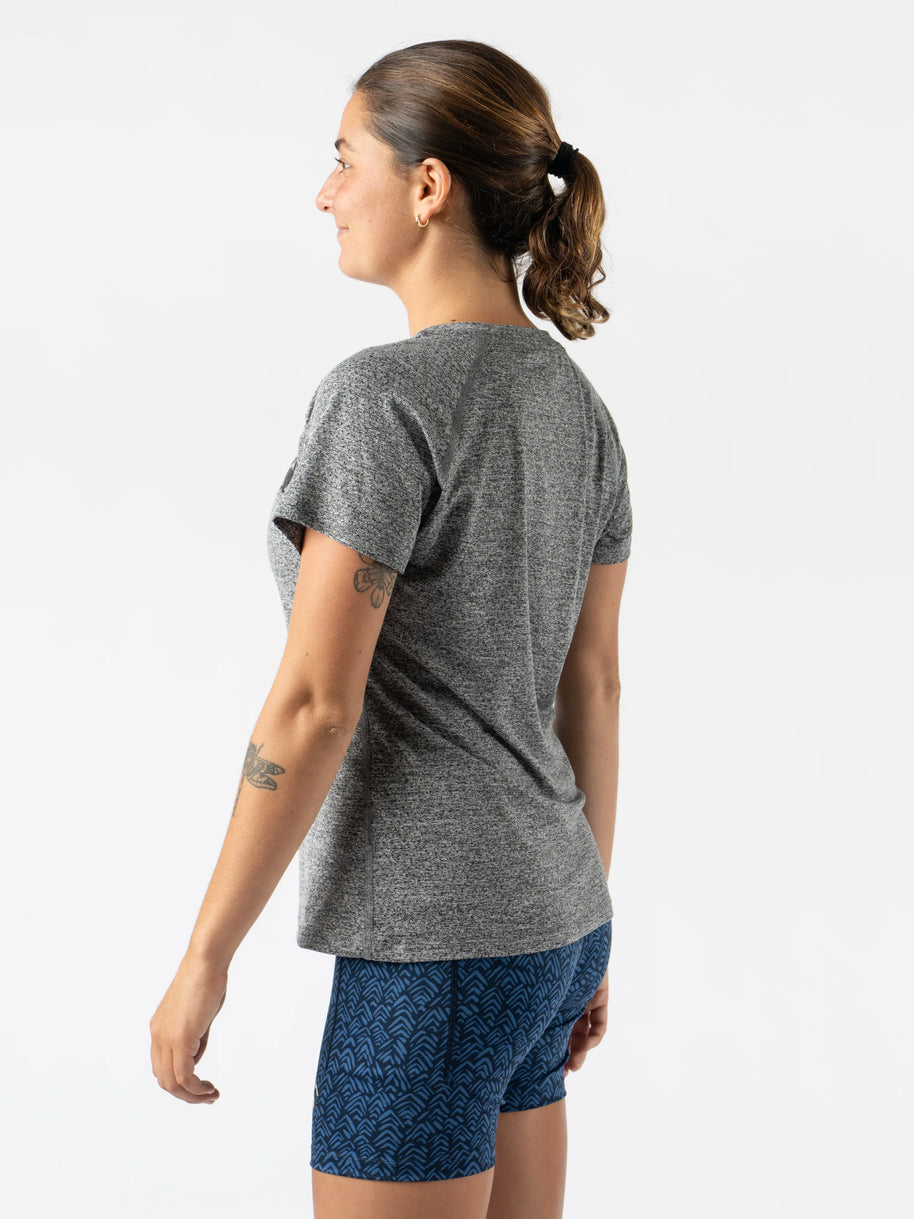 EZ Tee Perf SS Trail - Women by Rabbit in heather grey with perforations, lightweight soft breathable running top ideal for trail use