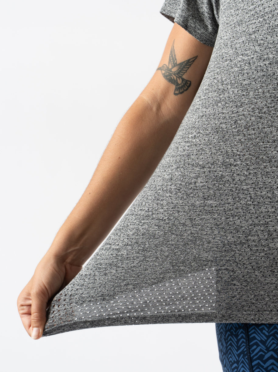 EZ Tee Perf SS Trail - Women by Rabbit in grey, lightweight breathable trail running top with perforations for enhanced ventilation