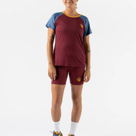 EZ Tee Perf SS Trail - Women by Rabbit in burgundy and blue, lightweight breathable running top with perforations designed for trail running comfort