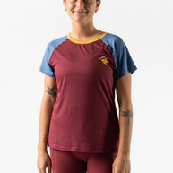 EZ Tee Perf SS Trail - Women by Rabbit in burgundy and blue lightweight breathable trail running top with perforations for enhanced ventilation