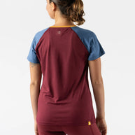 EZ Tee Perf SS Trail - Women by Rabbit in burgundy and blue, lightweight breathable perforated running tee ideal for trail running and outdoor use