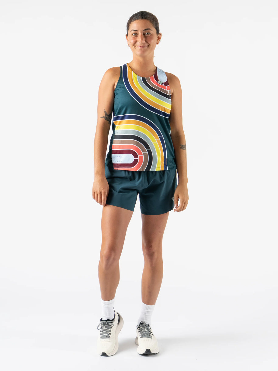 Race Pace Tank - Women by Rabbit in dark green with multicolor lines, breathable tank with laser-cut perfs for running and training use
