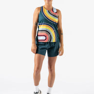 Race Pace Tank - Women by Rabbit in dark green with multicolor lines, breathable tank with laser-cut perfs for running and training use