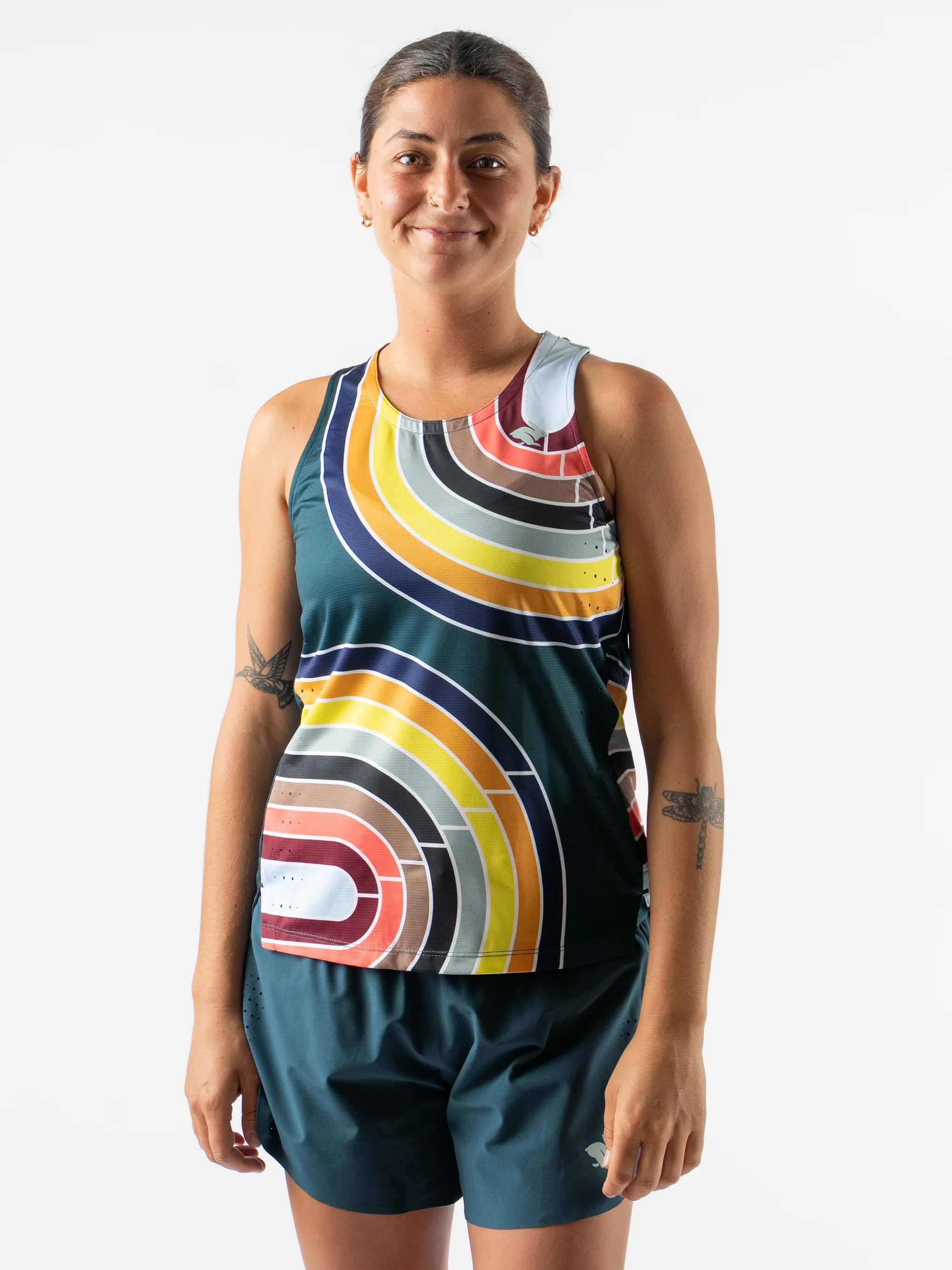 Race Pace Tank - Women by Rabbit in teal with multicolor laser-cut square perforations breathable tank top for running and training use
