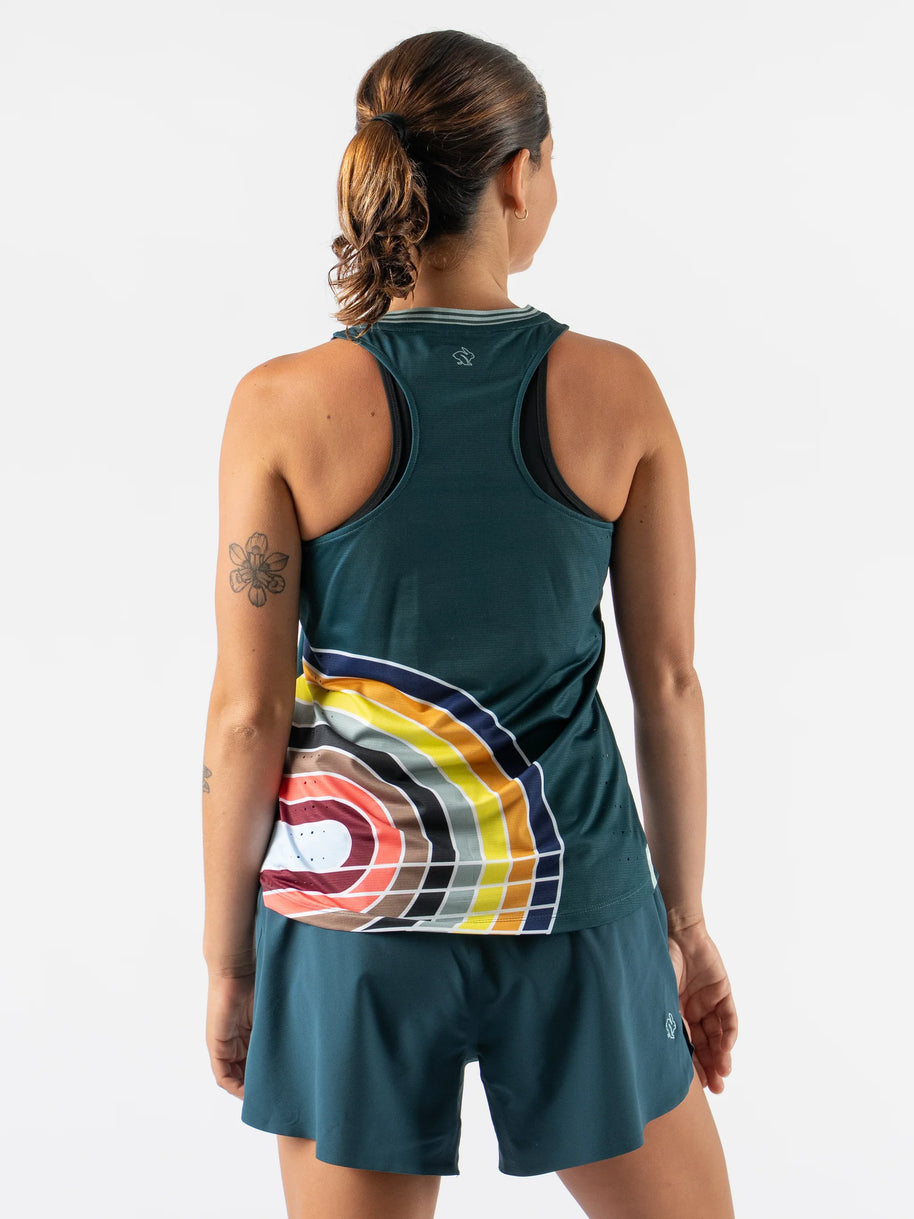Race Pace Tank - Women by Rabbit in dark green with colorful design, breathable lightweight top with laser-cut perfs for running and training