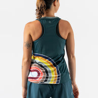 Race Pace Tank - Women by Rabbit in dark green with colorful design, breathable lightweight top with laser-cut perfs for running and training