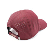 Elite Hat by Rabbit in burgundy with laser-cut vents, lightweight moisture-wicking cap with baseball-style bill for sun and gear protection