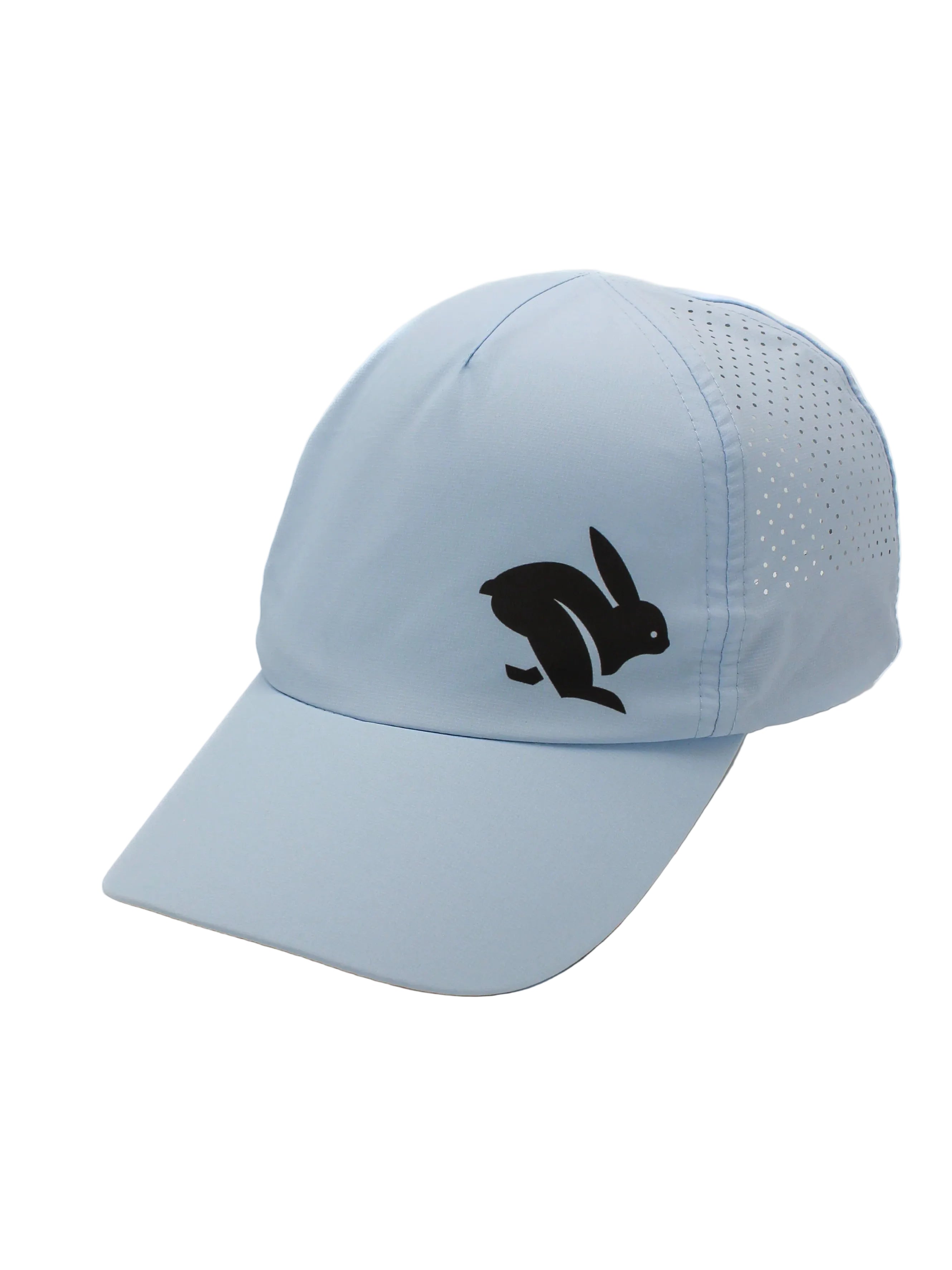 Elite Hat by Rabbit in light blue with laser-cut vents, lightweight woven fabric, bill for sun and gear protection, unisex headwear