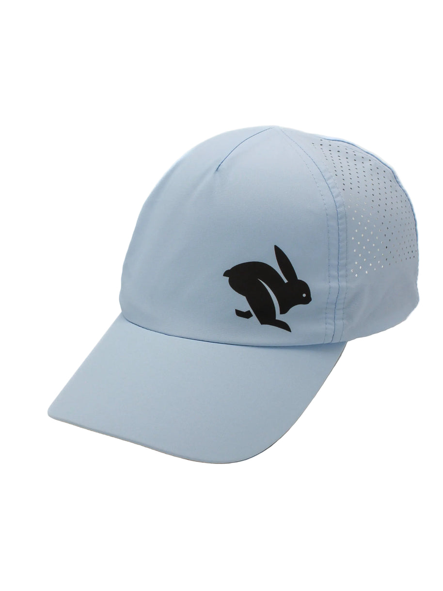 Elite Hat by Rabbit in light blue with laser-cut vents, lightweight woven fabric, bill for sun and gear protection, unisex headwear