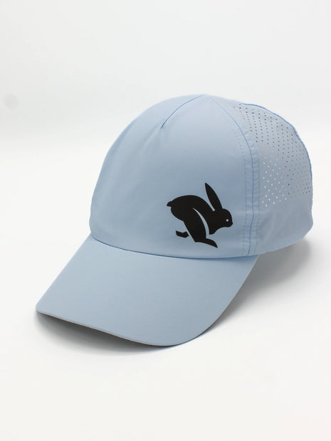 Elite Hat by Rabbit in light blue with laser-cut vents, lightweight woven fabric, bill for sun and gear protection, unisex headwear