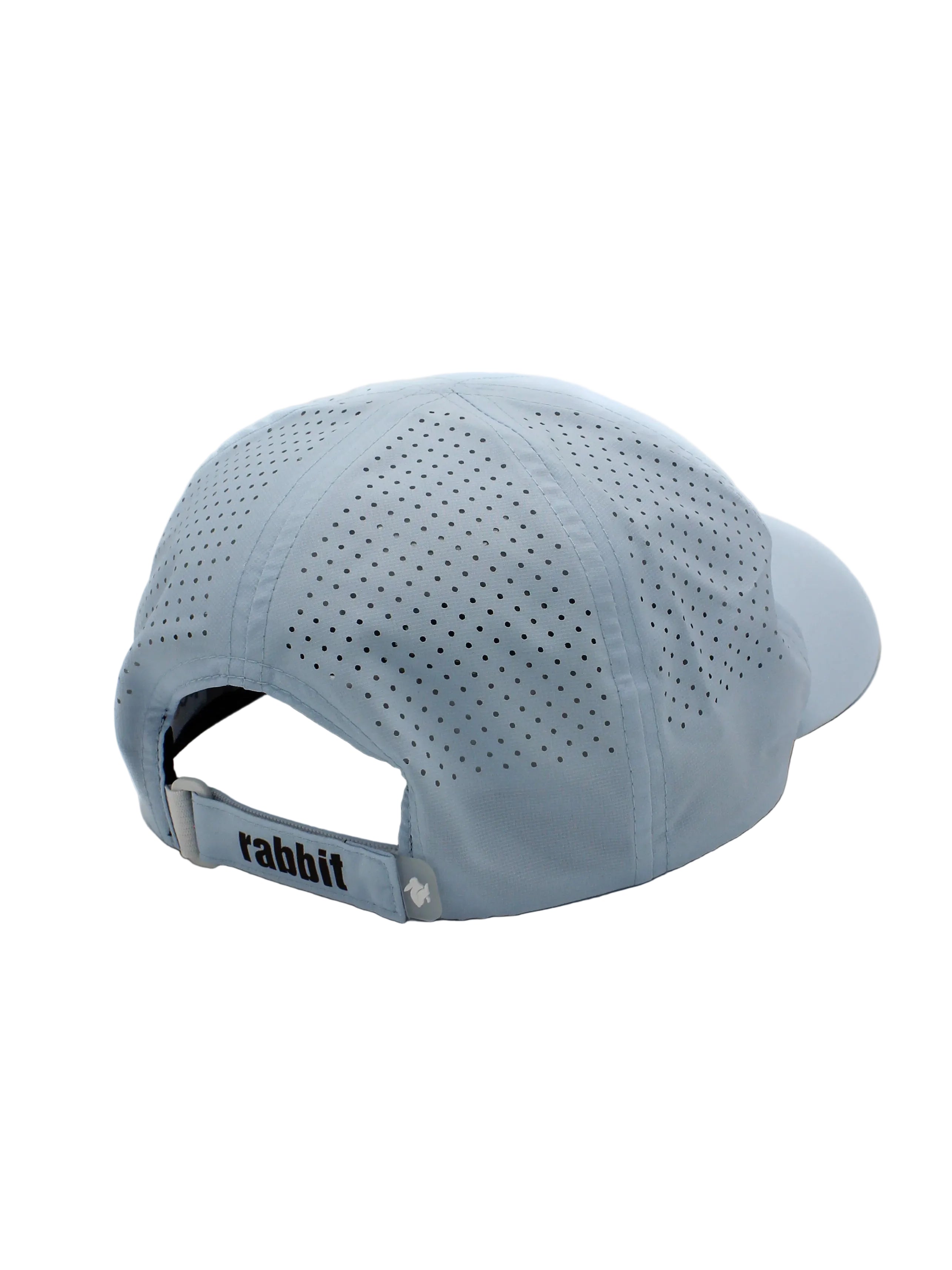 Elite Hat by Rabbit in light blue with laser-cut vents, breathable lightweight woven cap for sun and gear protection, ideal headwear for running