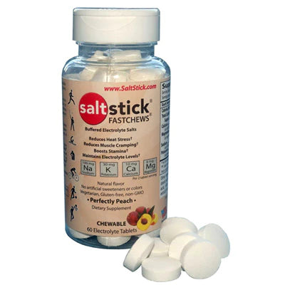 Saltstick Fastchews 60-Tab Bottle in peach flavor by Saltstick, chewable electrolyte tablets with sodium, potassium, magnesium for endurance and hydration.