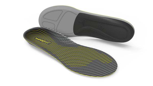 Pair of Superfeet Run Support Low V2 insoles, one showing the grey and yellow top and one the black underside