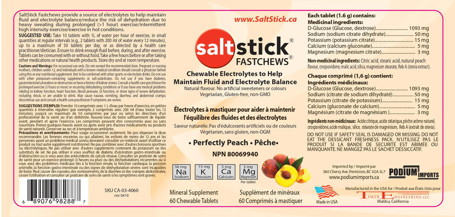 Saltstick Fastchews 60-Tab Bottle by Saltstick, chewable electrolyte supplement in orange, supports hydration and balanced sodium potassium magnesium calcium levels