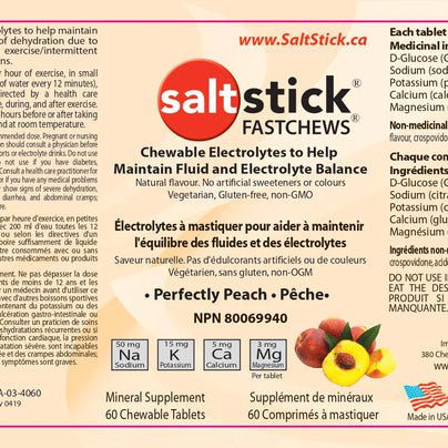 Saltstick Fastchews 60-Tab Bottle by Saltstick, chewable electrolyte supplement in orange, supports hydration and balanced sodium potassium magnesium calcium levels