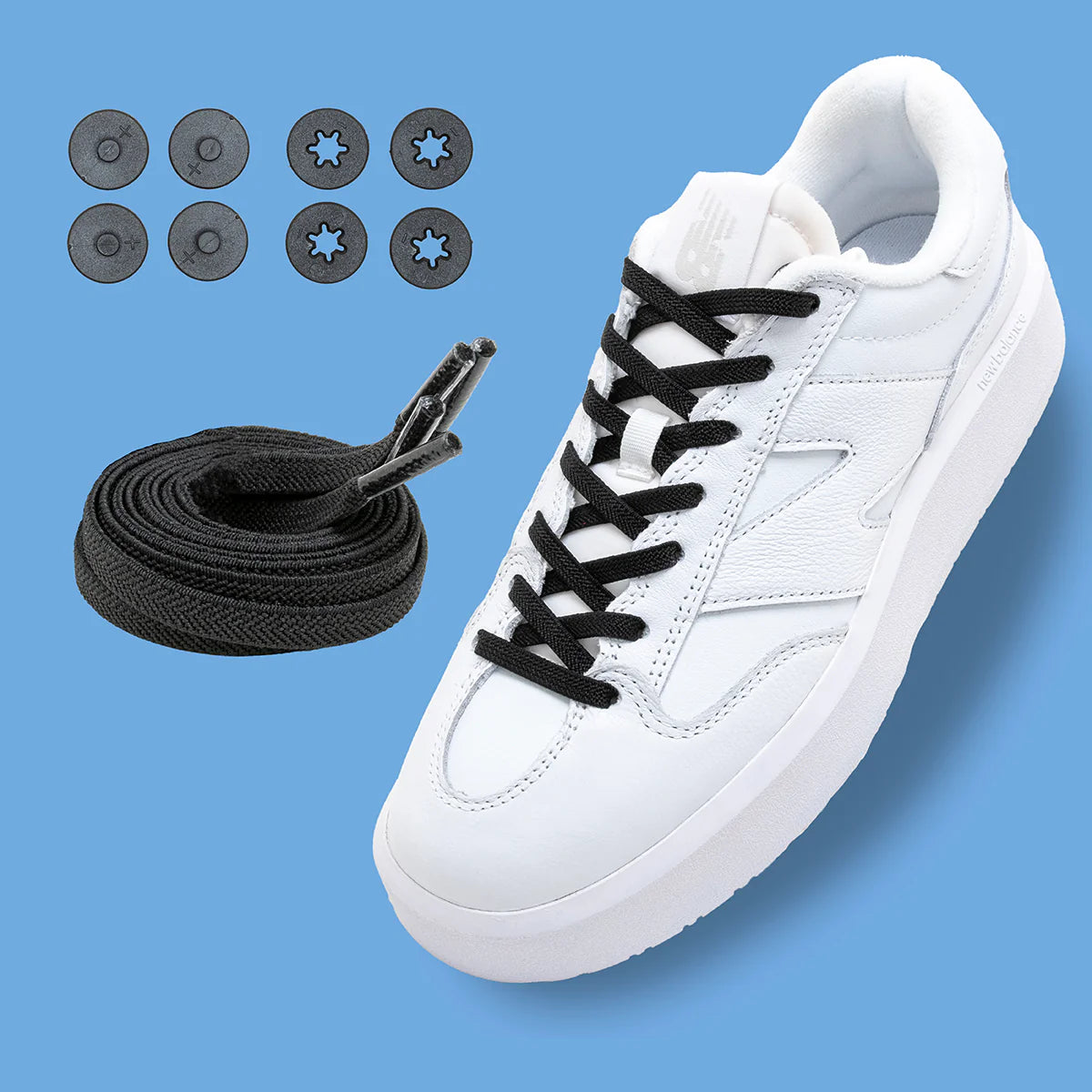 Lock Laces Flat Laces No-Tie Shoelaces in black with secure locking discs for a clean, slip-on fit ideal for casual shoes by Lock Laces
