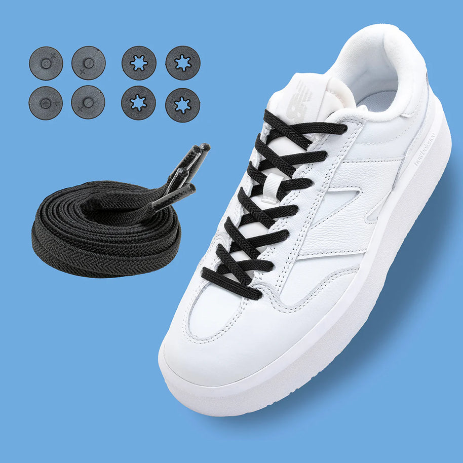 Lock Laces Flat Laces No-Tie Shoelaces in black with secure locking discs for a clean, slip-on fit ideal for casual shoes by Lock Laces