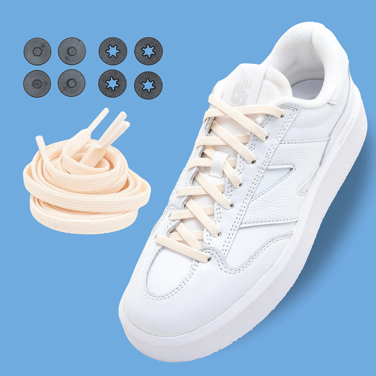 Lock Laces Flat Laces No-Tie Shoelaces in beige with locking system for clean, tuck-in look ideal for casual shoes and slip-on ease