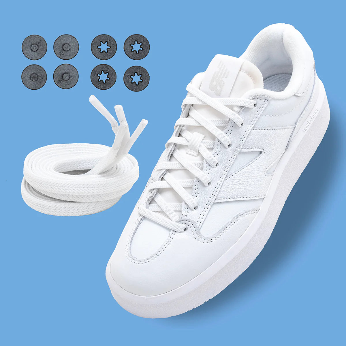 Lock Laces Flat Laces No-Tie Shoelaces in white with black locking discs, flat lacing system for slipped-on casual shoes and clean look