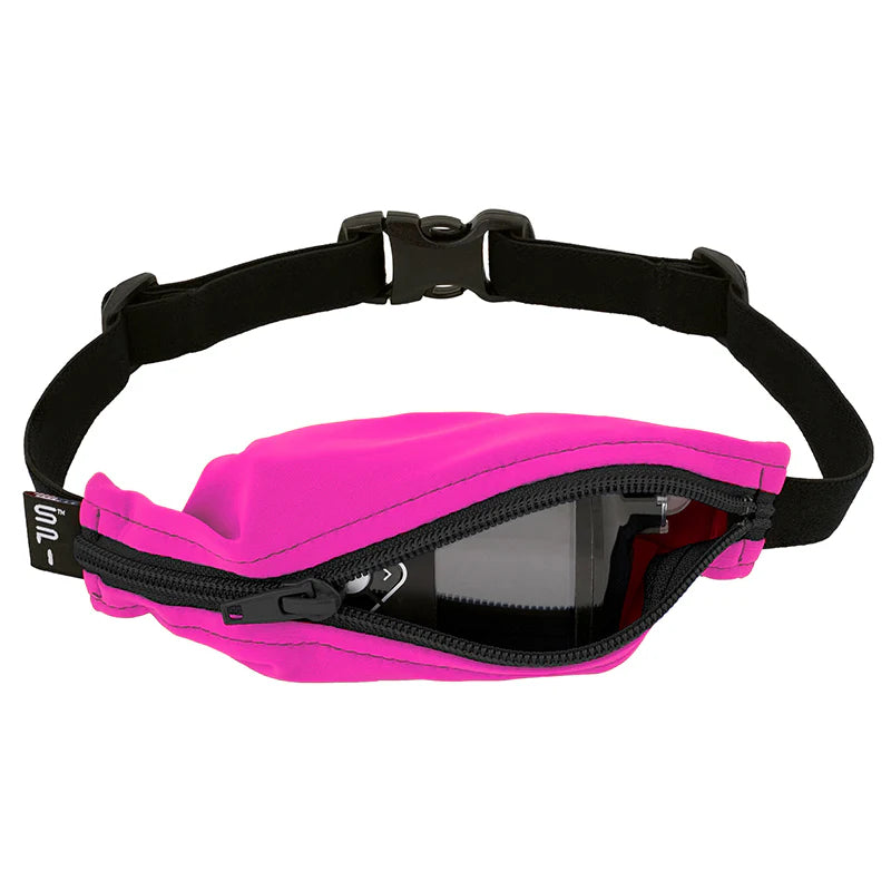 Kids Running Belt by SPIbelt in bright pink with adjustable black strap, discreet pump storage for active children with insulin pumps