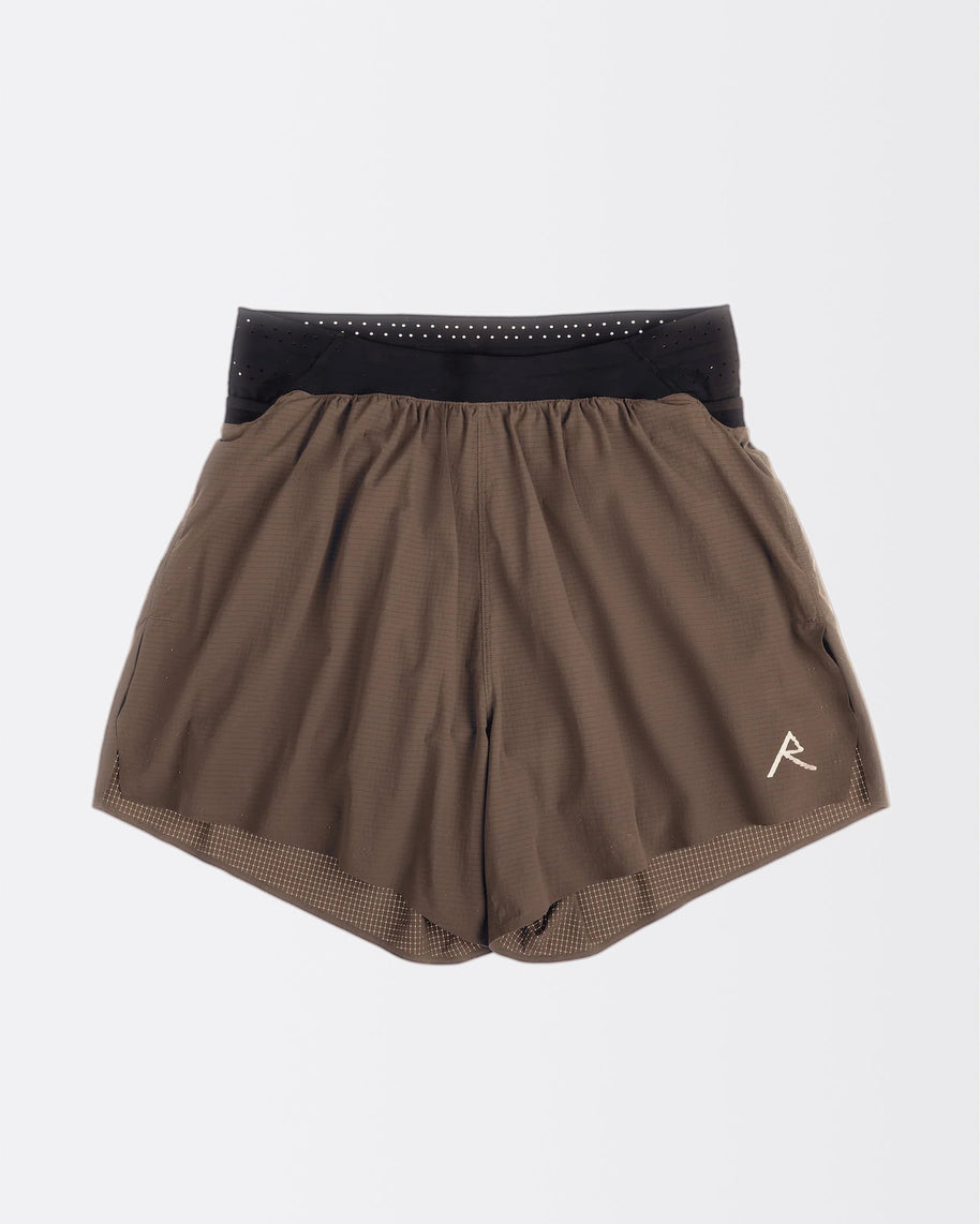 Raide Research Trail Tech Short men's 5 inch in Bark, front view of brown short with black waistband and R logo