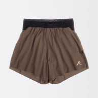 Raide Research Trail Tech Short men's 5 inch in Bark, front view of brown short with black waistband and R logo