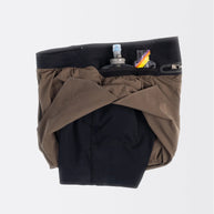 Raide Research Trail Tech Short men's 5 inch in Bark, flipped to show the black liner and soft flask in waistband