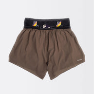 Back view of the Raide Research Trail Tech Short men's 5 inch in Bark with gels stashed in the waistband pockets