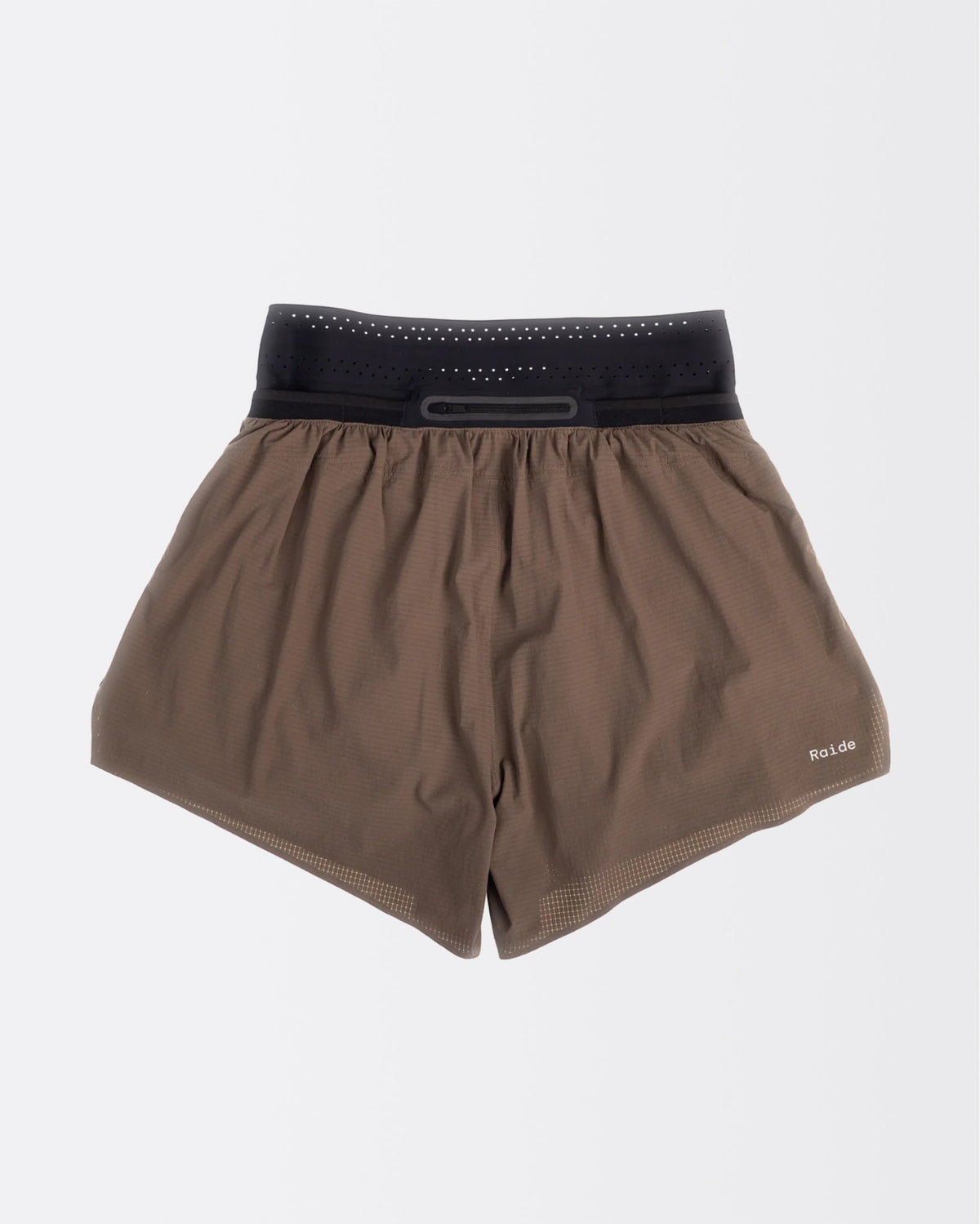 Back view of the Raide Research Trail Tech Short men's 5 inch in Bark showing the waistband zip pocket
