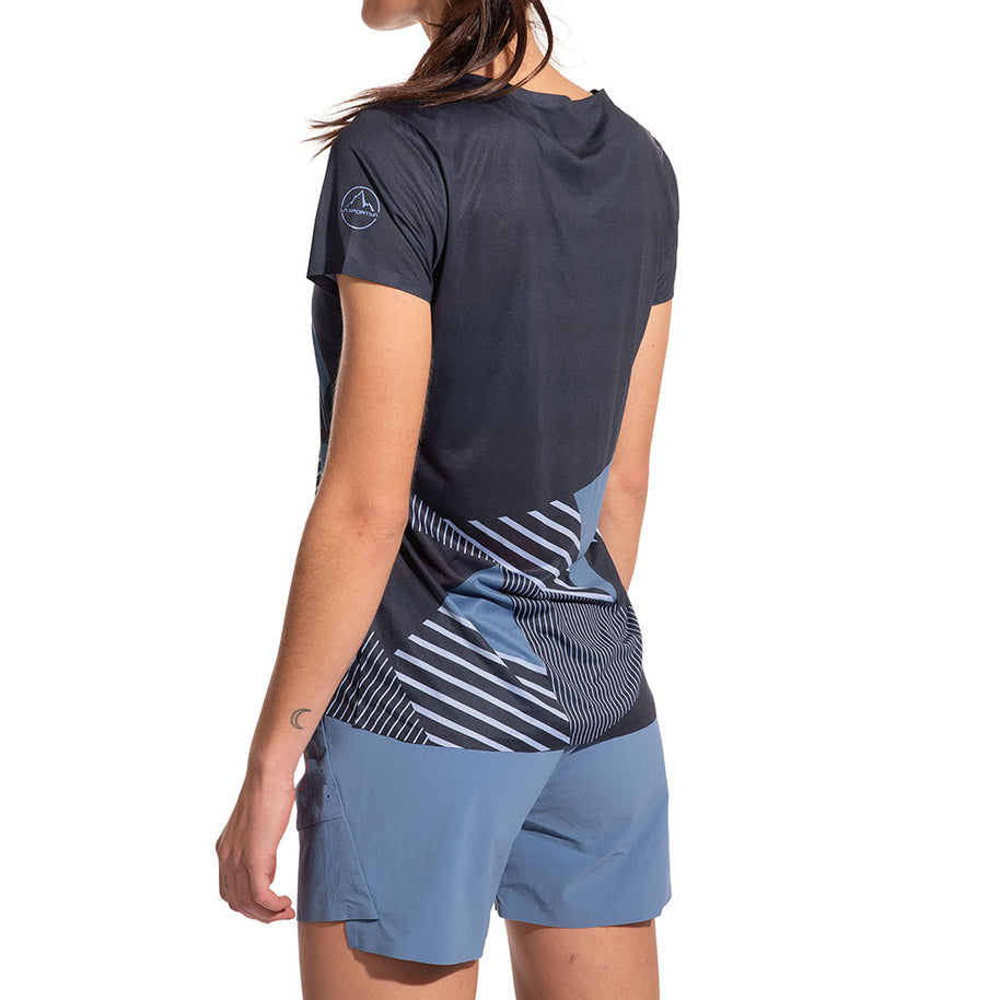 Comp T-Shirt - Women by La Sportiva in black and blue, lightweight climbing top with bonded hems and anti-odor recycled polyester fit for movement