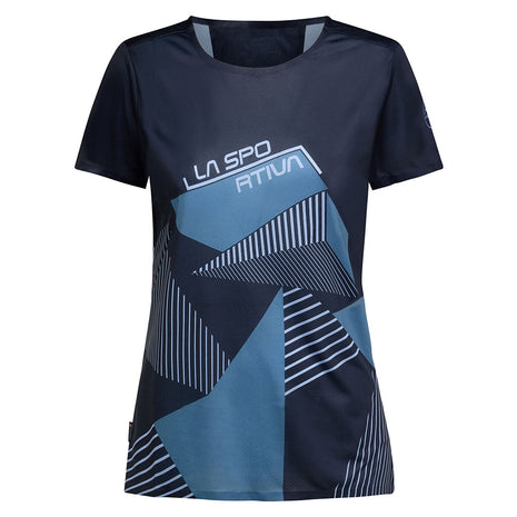 Comp T-Shirt - Women by La Sportiva in navy blue with geometric print, lightweight climbing top with bonded hems and anti-odor treatment