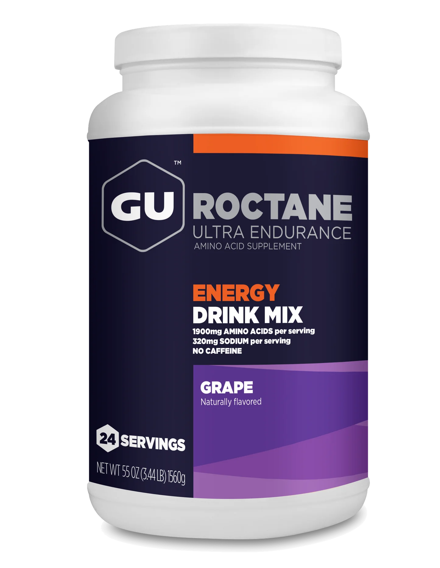 Roctane Energy Drink Mix by GU Energy in purple grape flavor, carb-intensive hydration supplement for endurance and intense efforts