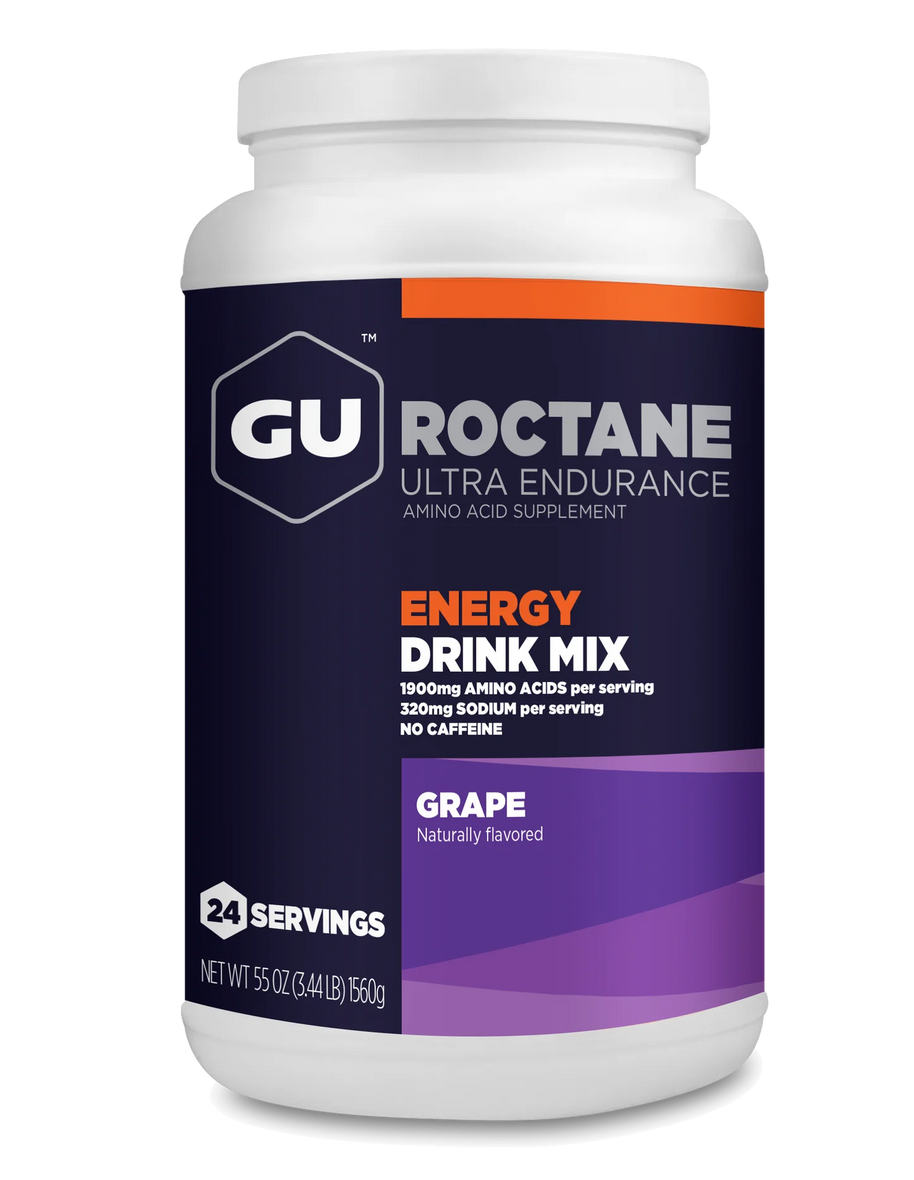 Roctane Energy Drink Mix by GU Energy in purple grape flavor, carb-intensive hydration supplement for endurance and intense efforts