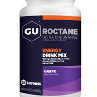 Roctane Energy Drink Mix by GU Energy in purple grape flavor, carb-intensive hydration supplement for endurance and intense efforts