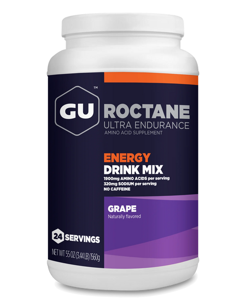 Roctane Energy Drink Mix by GU Energy in purple grape flavor, carb-intensive hydration supplement for endurance and intense efforts