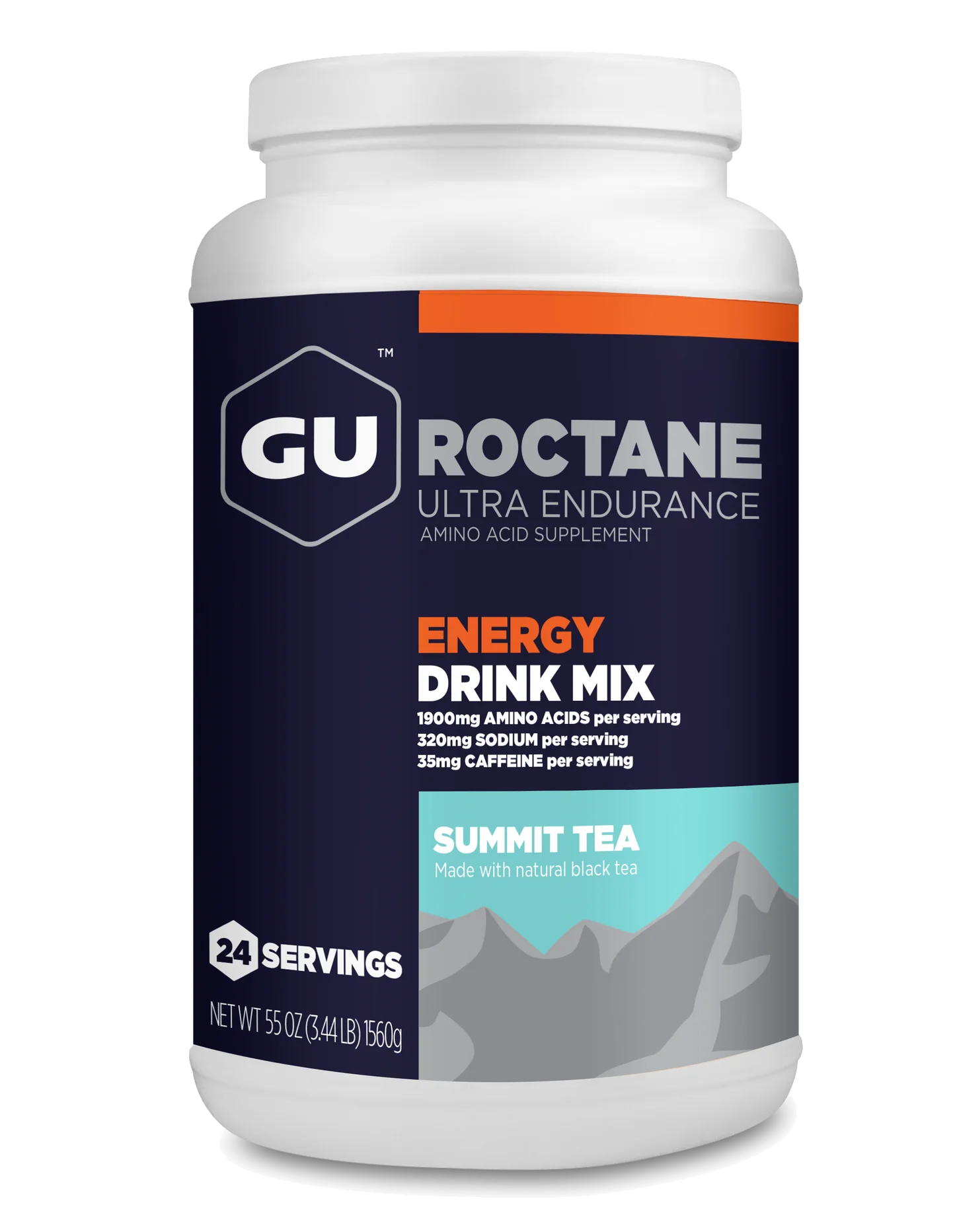 Roctane Energy Drink Mix Summit Tea by GU Energy in blue and orange, high carb hydration with amino acids for endurance and running.