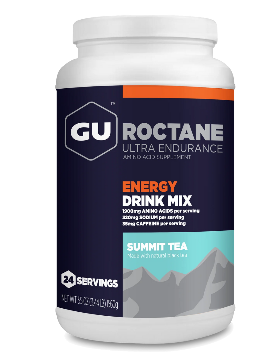 Roctane Energy Drink Mix Summit Tea by GU Energy in blue and orange, high carb hydration with amino acids for endurance and running.